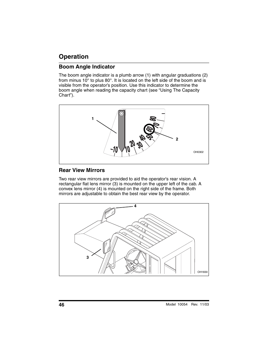 Boom angle indicator, Rear view mirrors, Operation | SkyTrak 10054 Operation Manual User Manual | Page 48 / 208