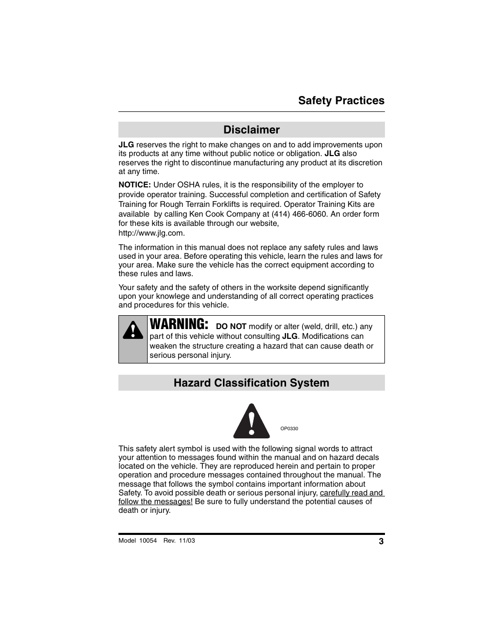 Safety practices, Disclaimer, Hazard classification system | Disclaimer hazard classification system, Warning | SkyTrak 10054 Operation Manual User Manual | Page 5 / 208