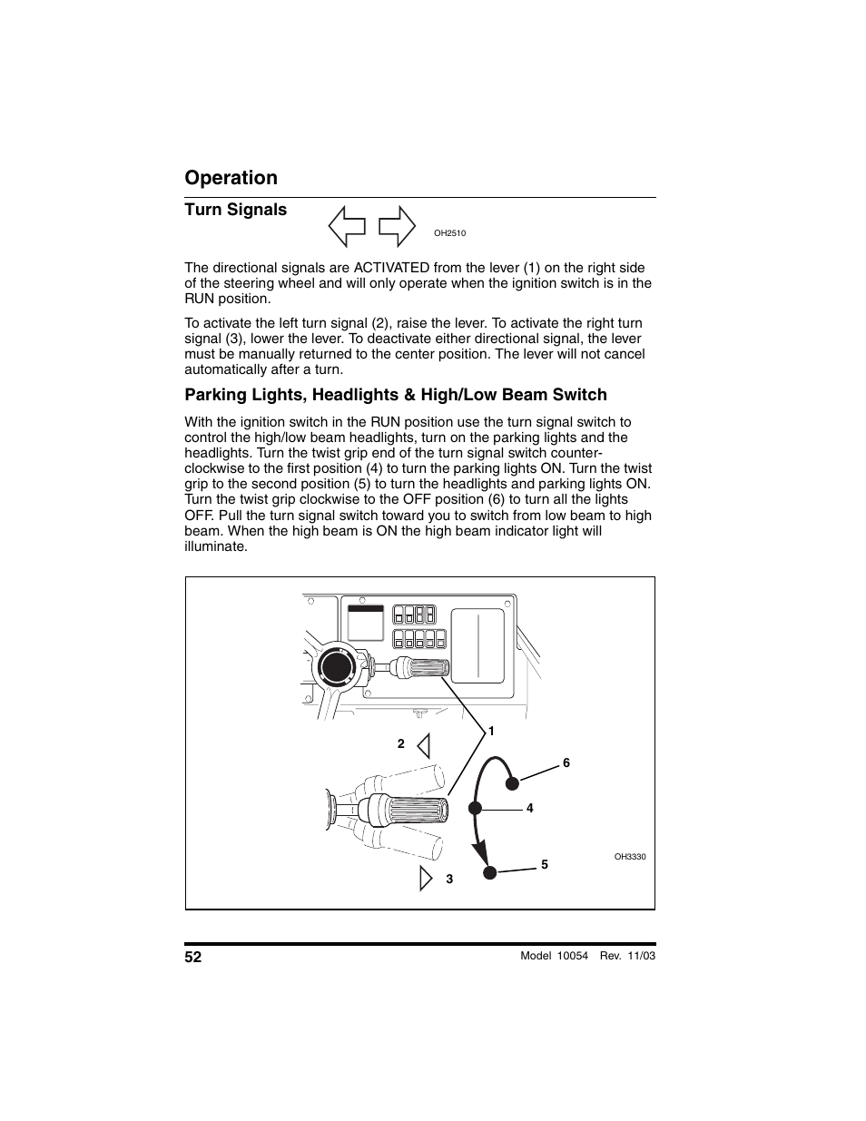 Turn signals, Parking lights, headlights & high/low beam switch, Operation | SkyTrak 10054 Operation Manual User Manual | Page 54 / 208