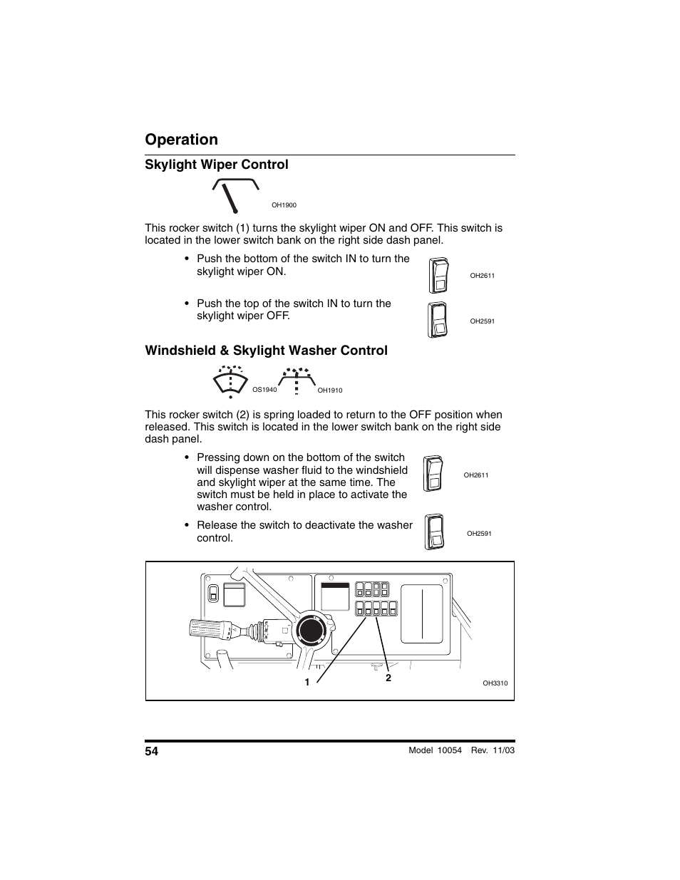 Skylight wiper control, Windshield & skylight washer control, Operation | SkyTrak 10054 Operation Manual User Manual | Page 56 / 208