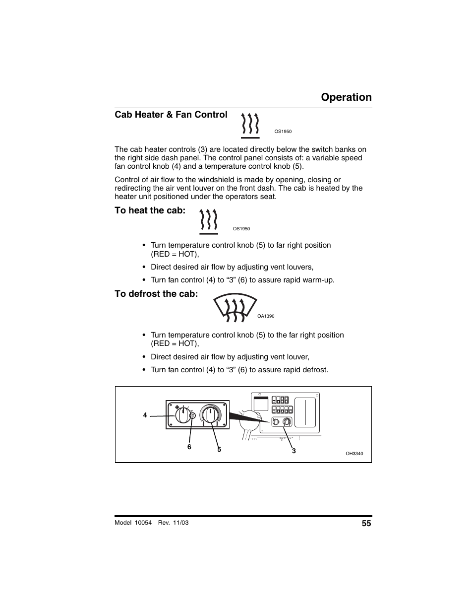 Cab heater & fan control, To heat the cab, To defrost the cab | Operation | SkyTrak 10054 Operation Manual User Manual | Page 57 / 208