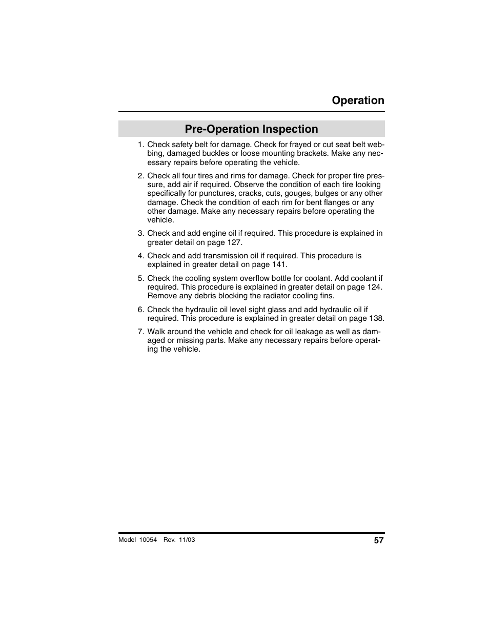 Pre-operation inspection, Operation | SkyTrak 10054 Operation Manual User Manual | Page 59 / 208