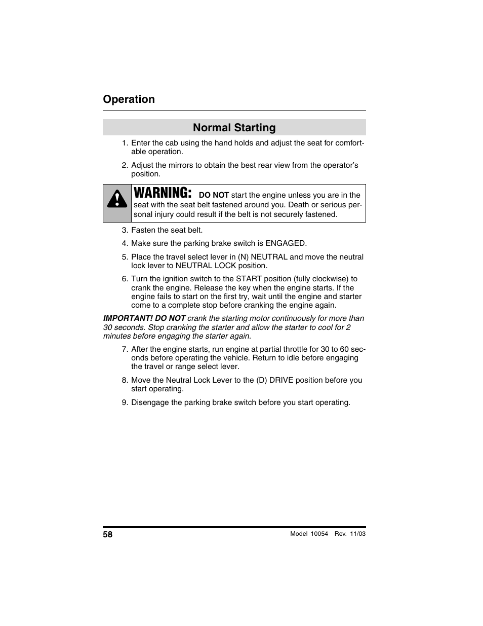 Normal starting, Fasten the seat belt, Make sure the parking brake switch is engaged | Warning, Operation | SkyTrak 10054 Operation Manual User Manual | Page 60 / 208