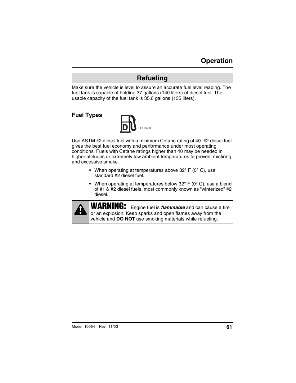 Refueling, Fuel types, Warning | Operation | SkyTrak 10054 Operation Manual User Manual | Page 63 / 208