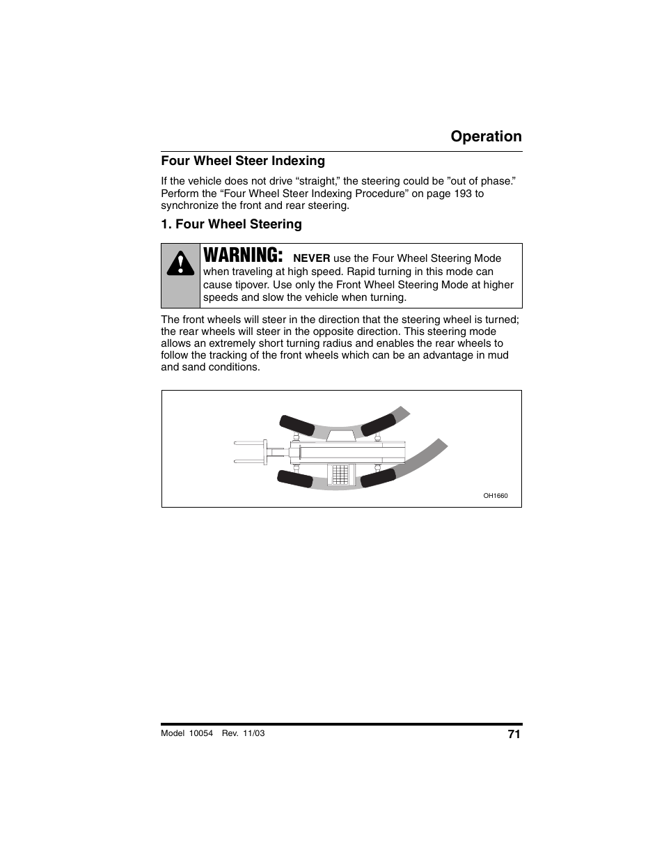 Four wheel steer indexing, Four wheel steering, Warning | Operation | SkyTrak 10054 Operation Manual User Manual | Page 73 / 208