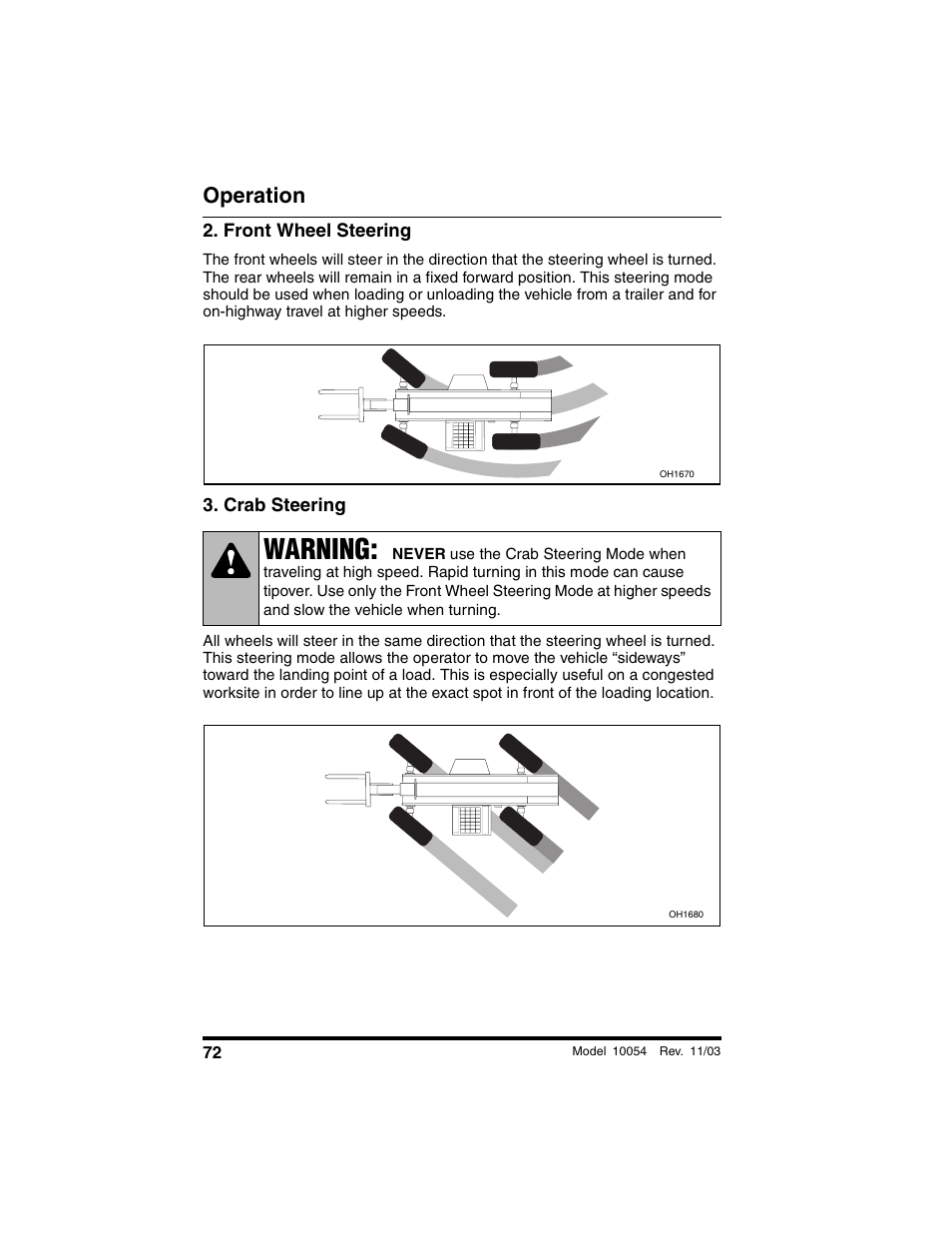 Front wheel steering, Crab steering, Warning | Operation | SkyTrak 10054 Operation Manual User Manual | Page 74 / 208