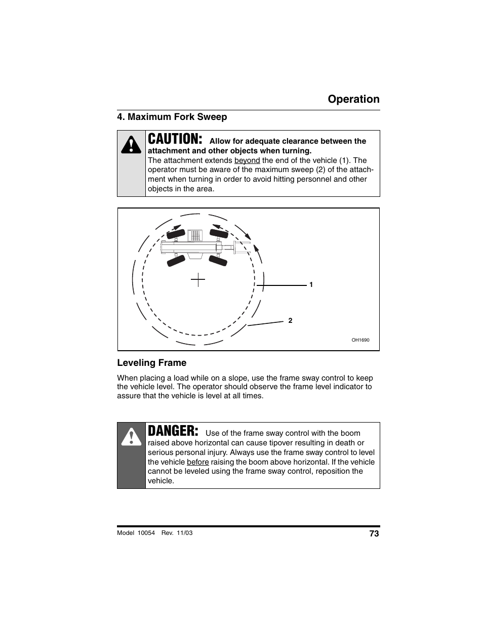 Maximum fork sweep, Leveling frame, Caution | Danger, Operation | SkyTrak 10054 Operation Manual User Manual | Page 75 / 208