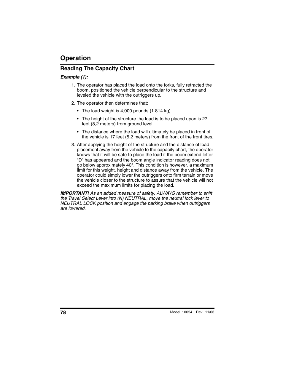 Reading the capacity chart, The operator then determines that, Operation | SkyTrak 10054 Operation Manual User Manual | Page 80 / 208