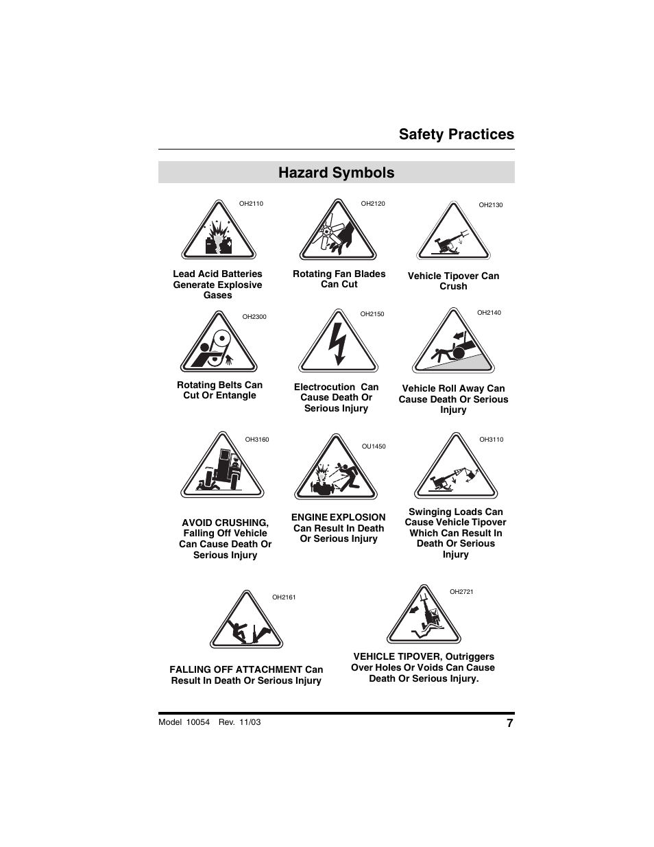 Hazard symbols, Safety practices | SkyTrak 10054 Operation Manual User Manual | Page 9 / 208
