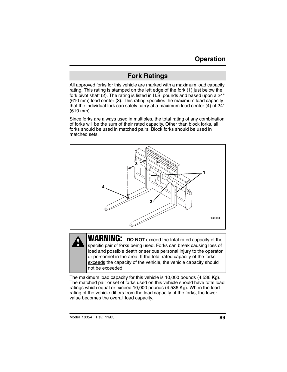 Fork ratings, Warning, Operation | SkyTrak 10054 Operation Manual User Manual | Page 91 / 208