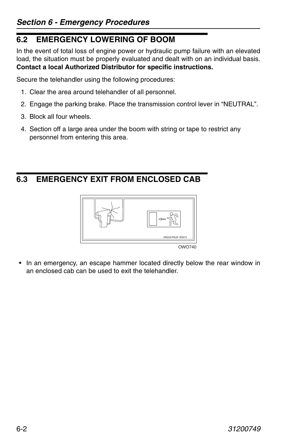 2 emergency lowering of boom, 3 emergency exit from enclosed cab | SkyTrak 6036 Operation Manual User Manual | Page 108 / 154