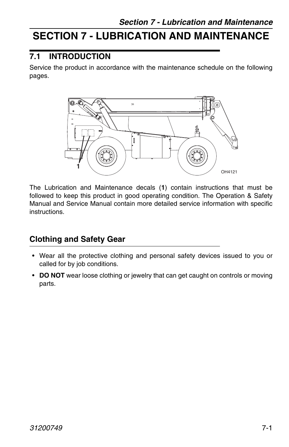 Section 7 - lubrication and maintenance, 1 introduction, Clothing and safety gear | 1 introduction -1, Clothing and safety gear -1, R to section 7 - lubrication and maintenance | SkyTrak 6036 Operation Manual User Manual | Page 109 / 154
