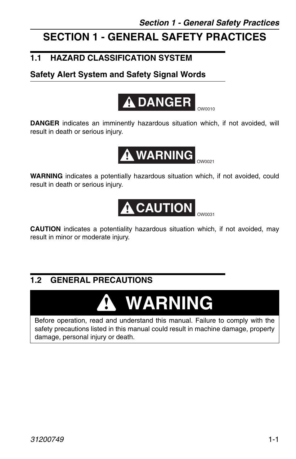 Section 1 - general safety practices, 1 hazard classification system, Safety alert system and safety signal words | 2 general precautions, 1 hazard classification system -1, Safety alert system and safety signal words -1, 2 general precautions -1, Warning, Danger, Caution | SkyTrak 6036 Operation Manual User Manual | Page 11 / 154