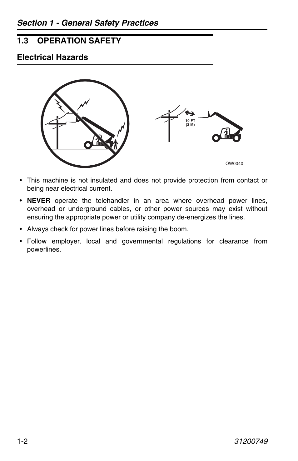 3 operation safety, Electrical hazards, 3 operation safety -2 | Electrical hazards -2, 3 operation safety electrical hazards | SkyTrak 6036 Operation Manual User Manual | Page 12 / 154