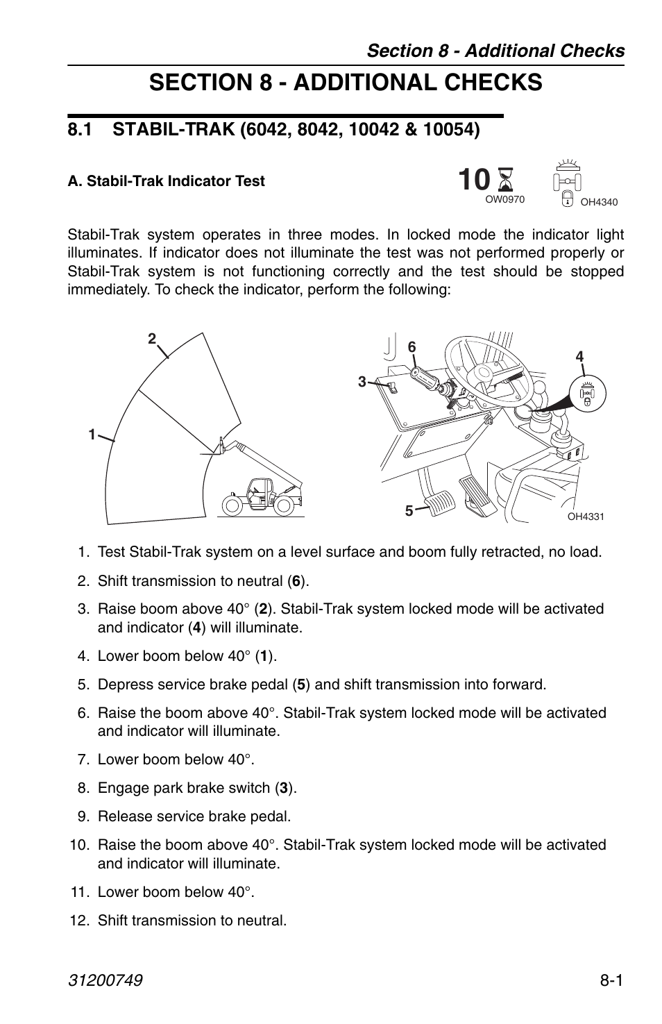 Section 8 - additional checks, 1 stabil-trak (6042, 8042, 10042 & 10054), 1 stabil-trak (6042, 8042, 10042 & 10054) -1 | SkyTrak 6036 Operation Manual User Manual | Page 135 / 154