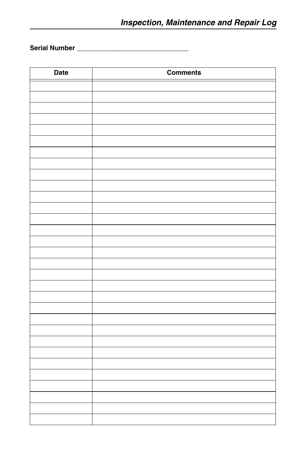 Inspection, maintenance and repair log | SkyTrak 6036 Operation Manual User Manual | Page 149 / 154