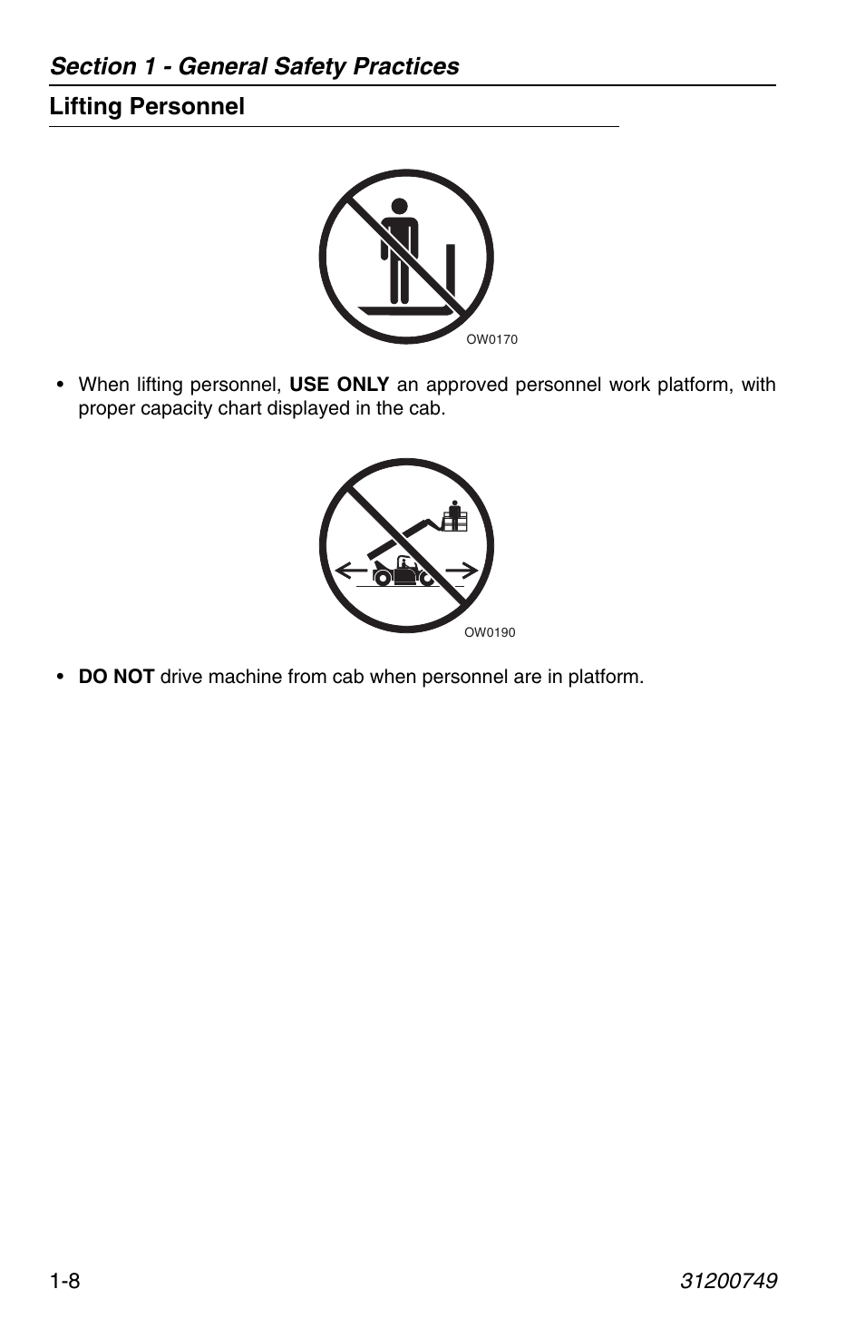 Lifting personnel, Lifting personnel -8 | SkyTrak 6036 Operation Manual User Manual | Page 18 / 154