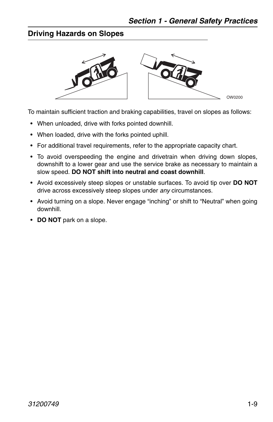 Driving hazards on slopes, Driving hazards on slopes -9 | SkyTrak 6036 Operation Manual User Manual | Page 19 / 154
