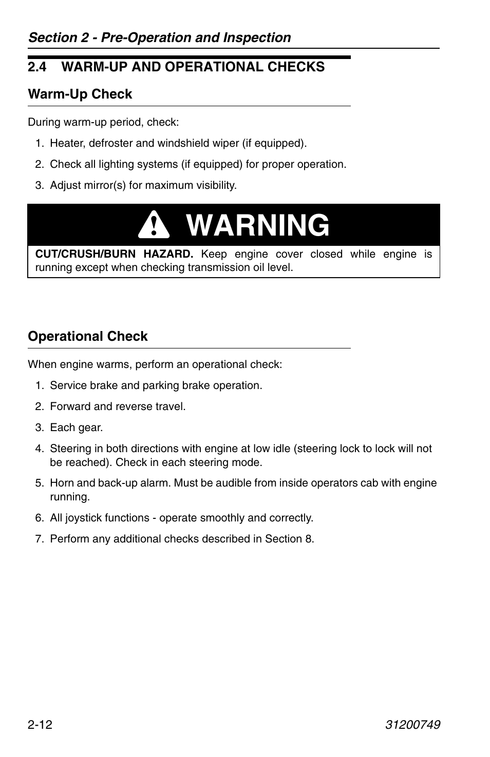 4 warm-up and operational checks, Warm-up check, Operational check | 4 warm-up and operational checks -12, Warm-up check -12 operational check -12, Warning | SkyTrak 6036 Operation Manual User Manual | Page 36 / 154