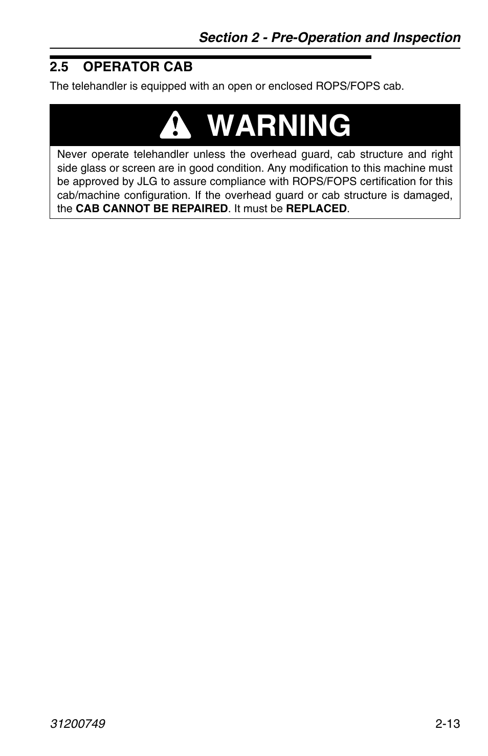 5 operator cab, 5 operator cab -13, Warning | SkyTrak 6036 Operation Manual User Manual | Page 37 / 154