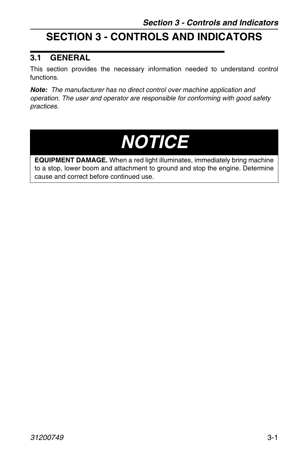 Section 3 - controls and indicators, 1 general, 1 general -1 | Notice | SkyTrak 6036 Operation Manual User Manual | Page 39 / 154