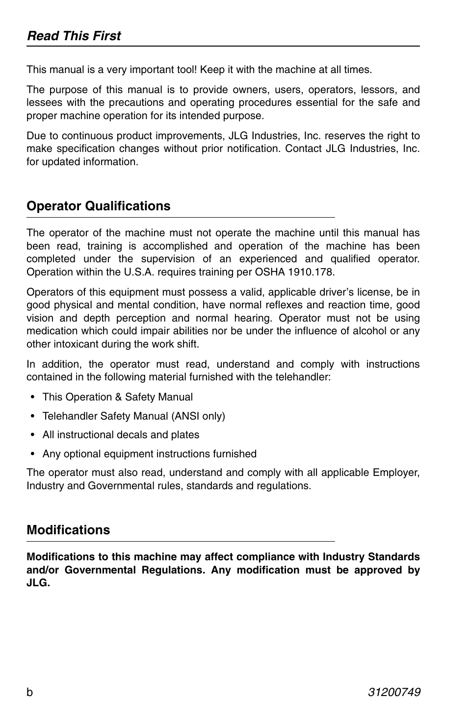 Read this first, Operator qualifications, Modifications | SkyTrak 6036 Operation Manual User Manual | Page 4 / 154