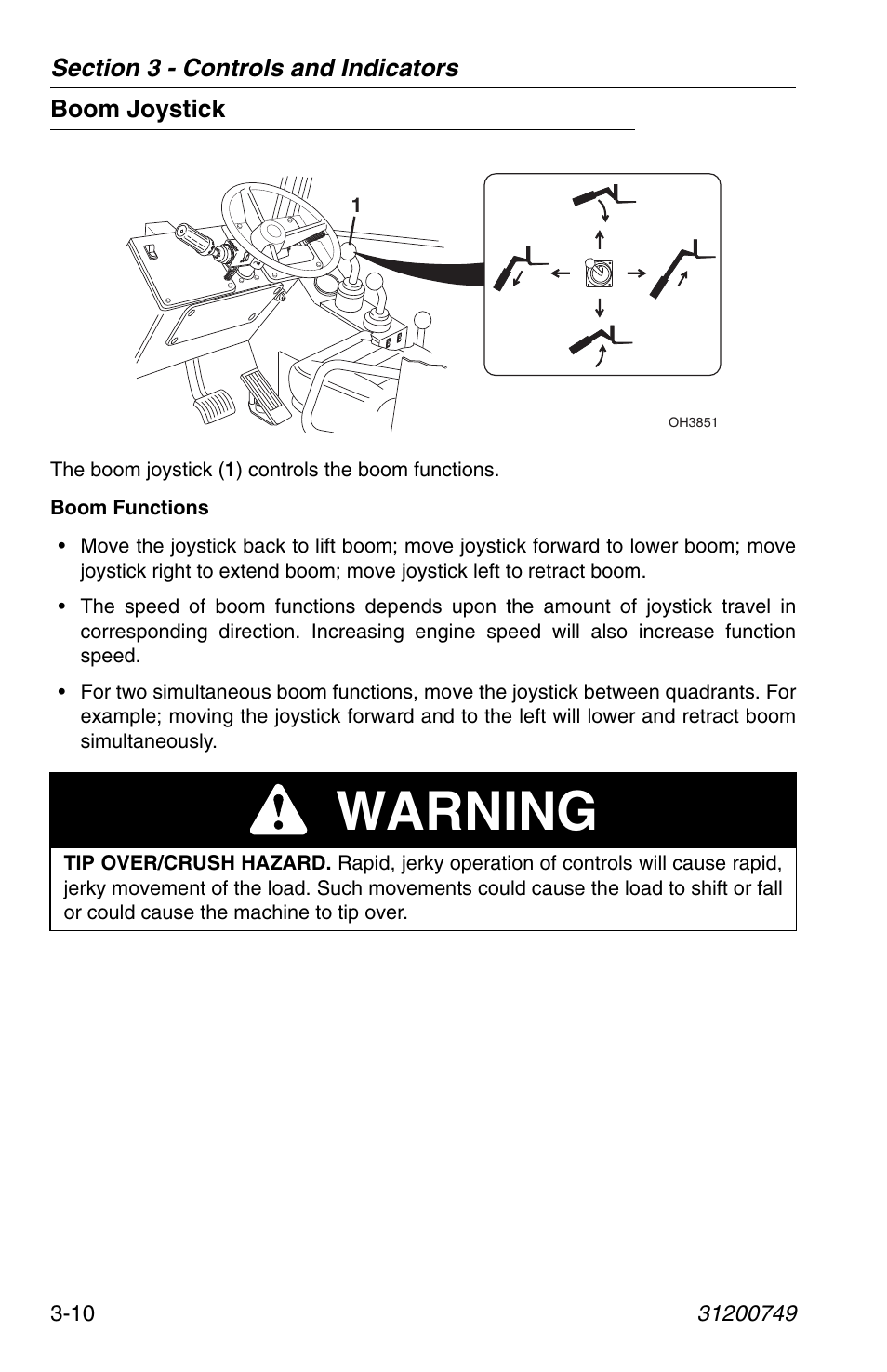 Boom joystick, Boom joystick -10, Warning | SkyTrak 6036 Operation Manual User Manual | Page 48 / 154