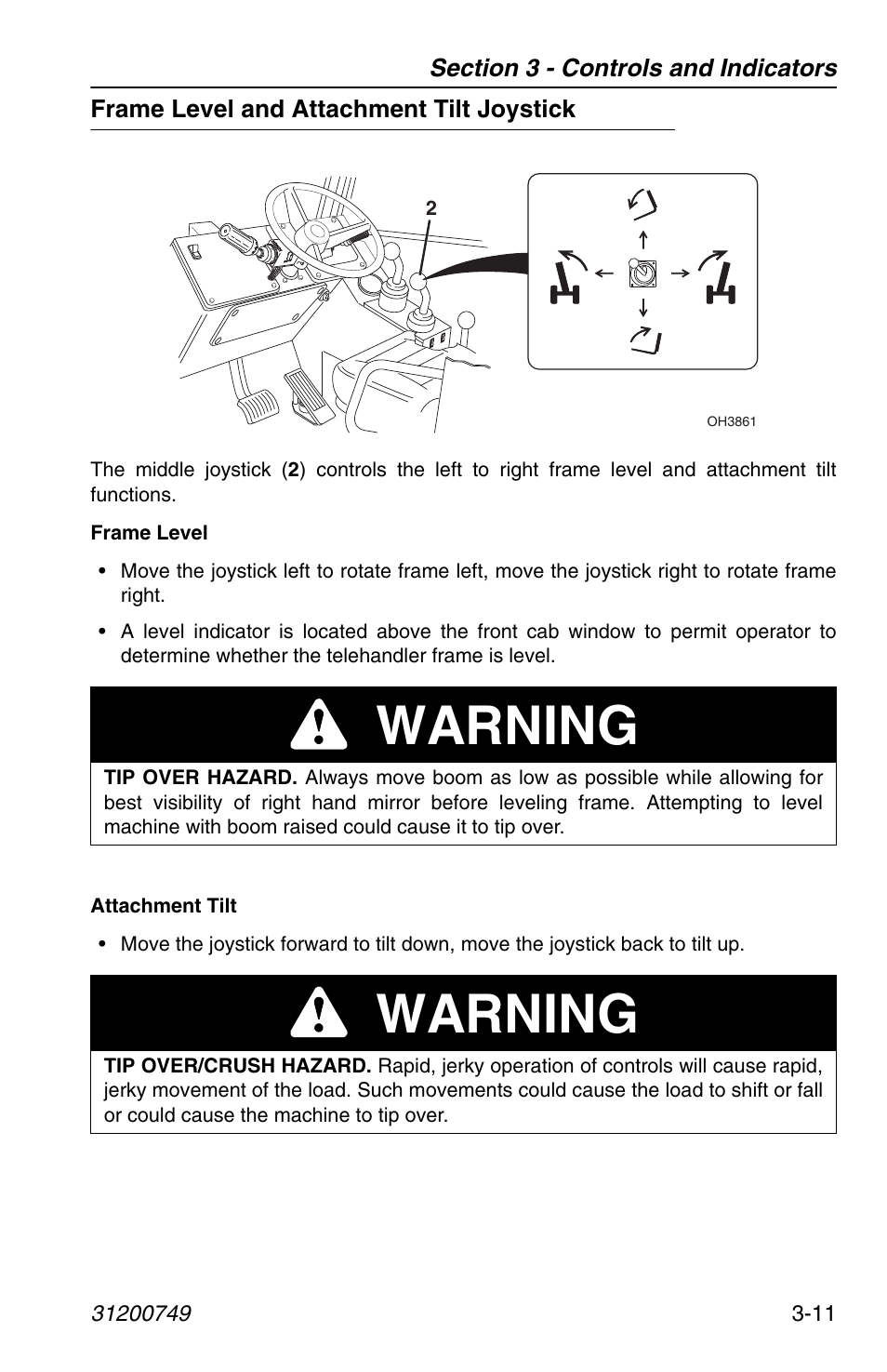 Frame level and attachment tilt joystick, Frame level and attachment tilt joystick -11, Warning | SkyTrak 6036 Operation Manual User Manual | Page 49 / 154