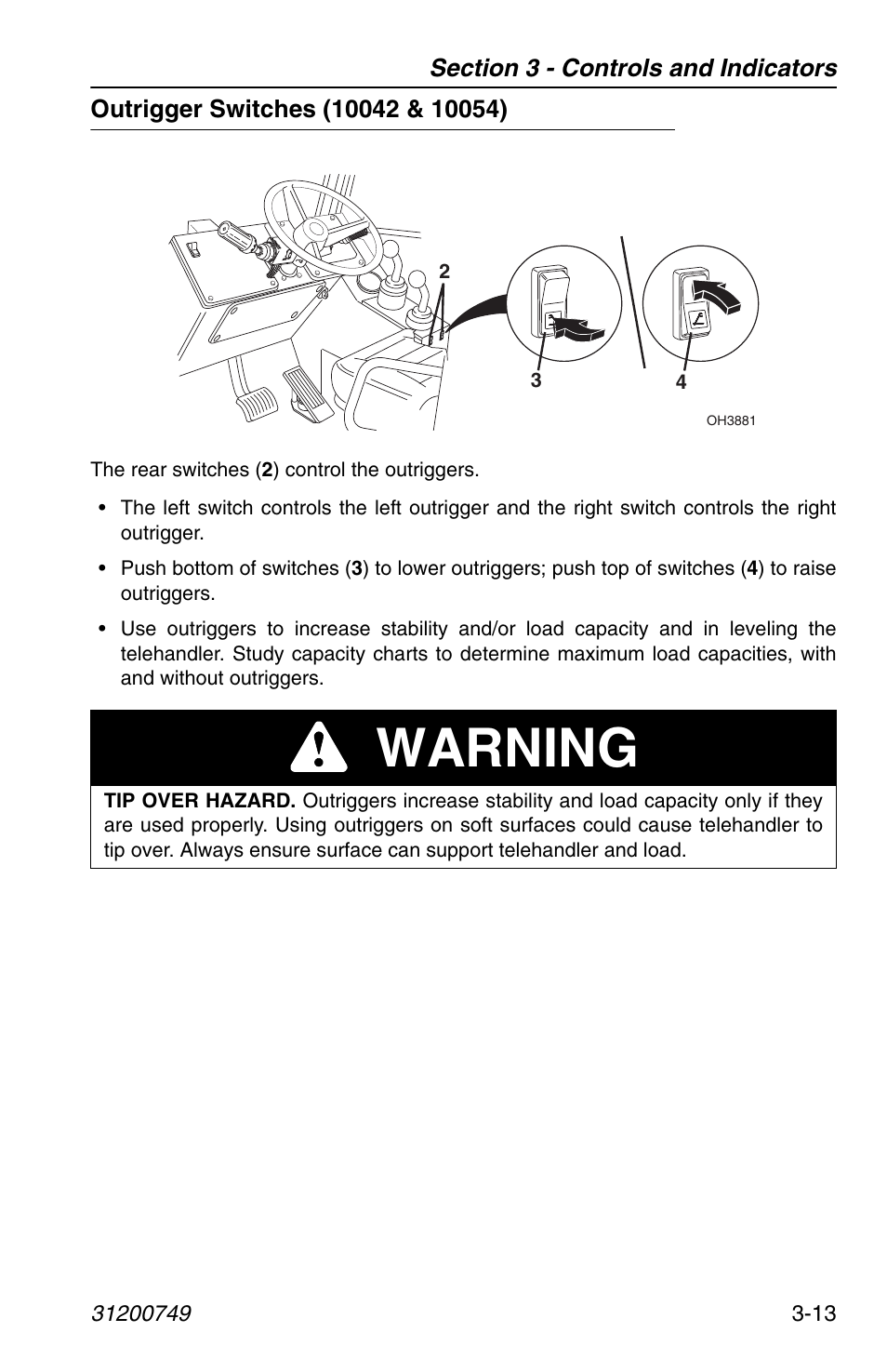 Outrigger switches (10042 & 10054), Outrigger switches (10042 & 10054) -13, Warning | SkyTrak 6036 Operation Manual User Manual | Page 51 / 154