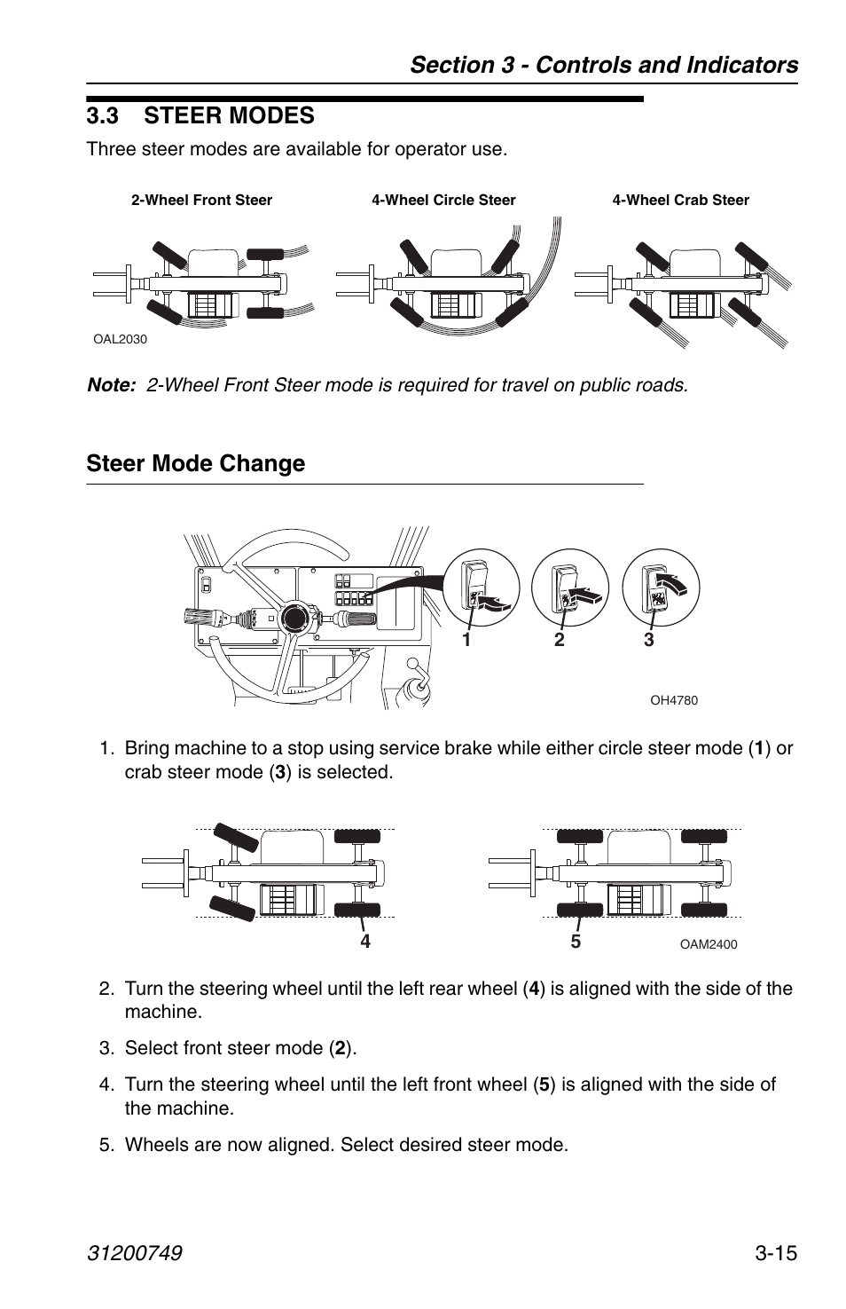 3 steer modes, Steer mode change, 3 steer modes -15 | Steer mode change -15 | SkyTrak 6036 Operation Manual User Manual | Page 53 / 154