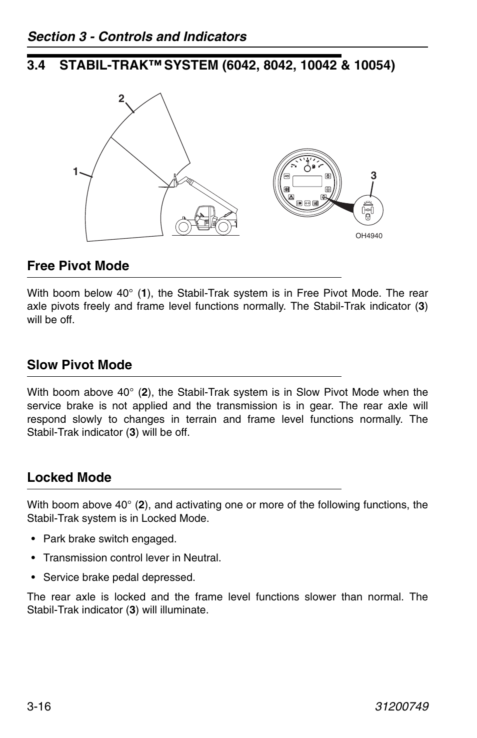 4 stabil-trak™ system (6042, 8042, 10042 & 10054), Free pivot mode, Slow pivot mode | Locked mode, 4 stabil-trak, System (6042, 8042, 10042 & 10054) -16 | SkyTrak 6036 Operation Manual User Manual | Page 54 / 154