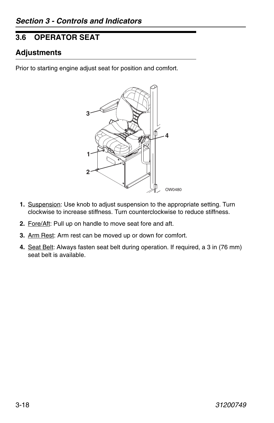 6 operator seat, Adjustments, 6 operator seat -18 | Adjustments -18, 6 operator seat adjustments | SkyTrak 6036 Operation Manual User Manual | Page 56 / 154