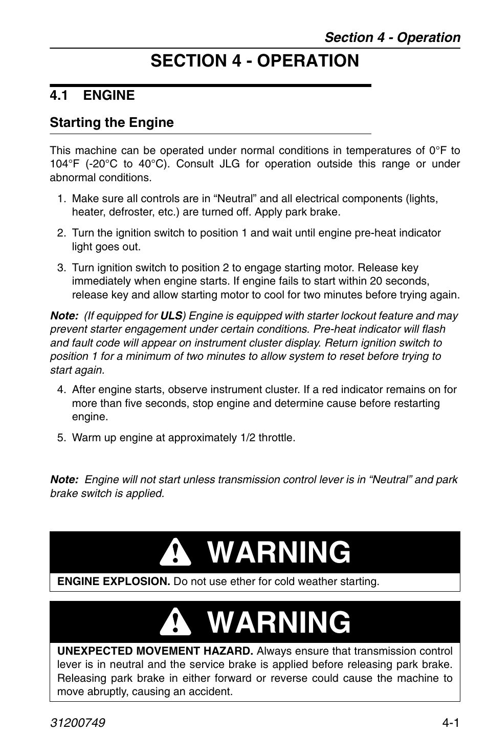 Section 4 - operation, 1 engine, Starting the engine | 1 engine -1, Starting the engine -1, Warning | SkyTrak 6036 Operation Manual User Manual | Page 59 / 154