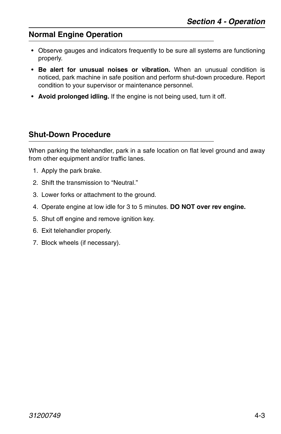 Normal engine operation, Shut-down procedure, Normal engine operation -3 shut-down procedure -3 | SkyTrak 6036 Operation Manual User Manual | Page 61 / 154