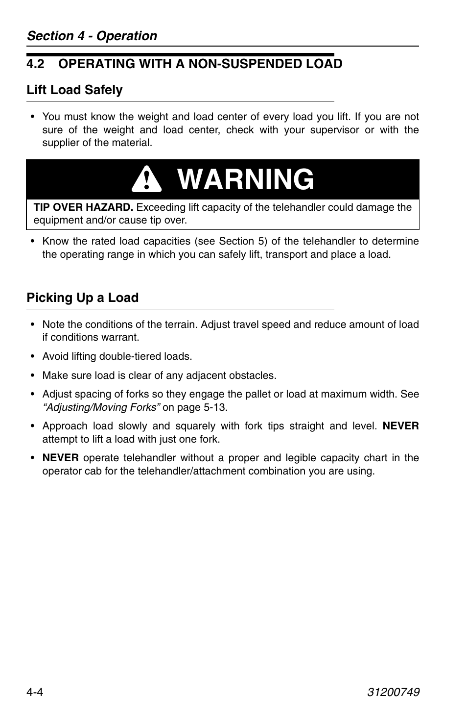 2 operating with a non-suspended load, Lift load safely, Picking up a load | 2 operating with a non-suspended load -4, Lift load safely -4 picking up a load -4, Warning | SkyTrak 6036 Operation Manual User Manual | Page 62 / 154