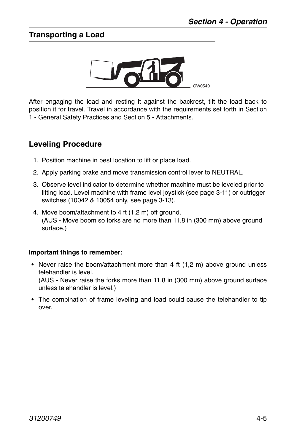 Transporting a load, Leveling procedure, Transporting a load -5 leveling procedure -5 | SkyTrak 6036 Operation Manual User Manual | Page 63 / 154