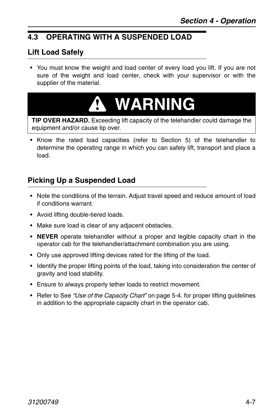 3 operating with a suspended load, Lift load safely, Picking up a suspended load | 3 operating with a suspended load -7, Lift load safely -7 picking up a suspended load -7, Warning | SkyTrak 6036 Operation Manual User Manual | Page 65 / 154