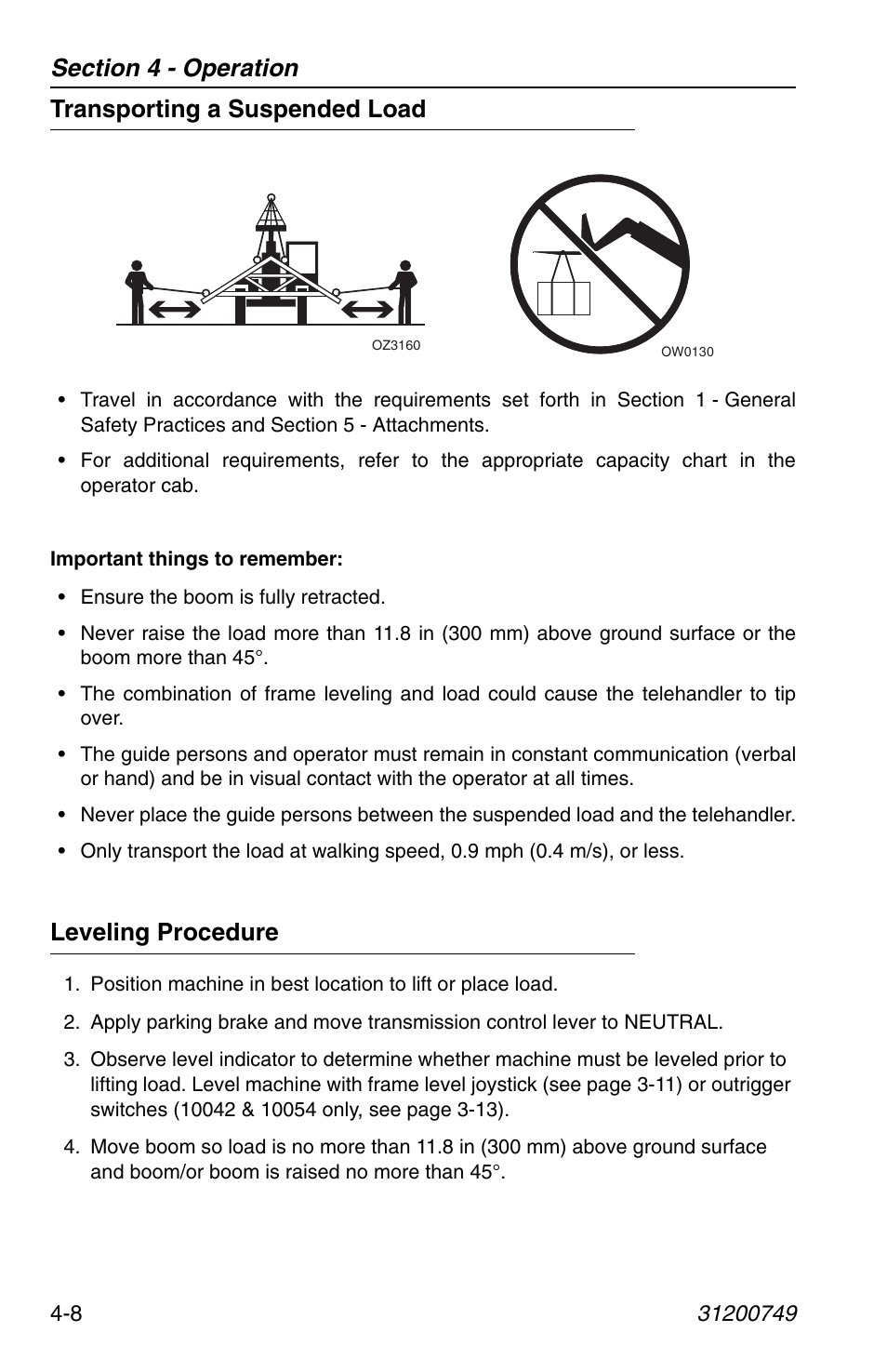 Transporting a suspended load, Leveling procedure | SkyTrak 6036 Operation Manual User Manual | Page 66 / 154