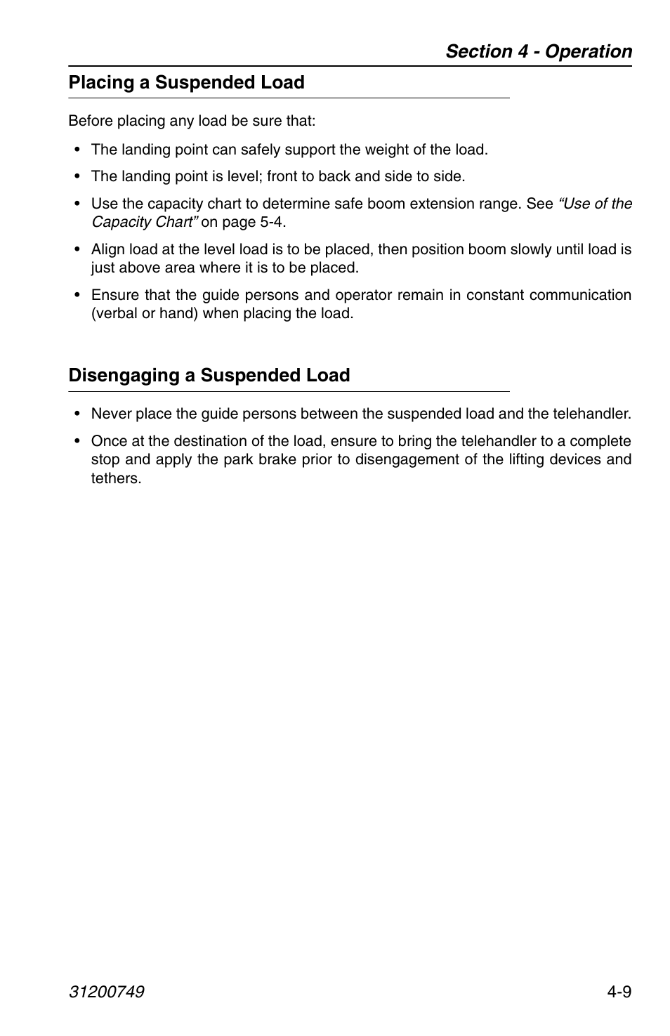 Placing a suspended load, Disengaging a suspended load | SkyTrak 6036 Operation Manual User Manual | Page 67 / 154