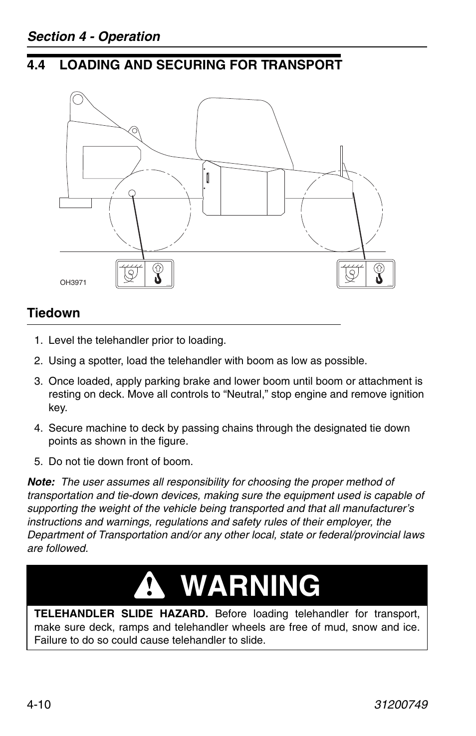4 loading and securing for transport, Tiedown, 4 loading and securing for transport -10 | Tiedown -10, Warning, 4 loading and securing for transport tiedown | SkyTrak 6036 Operation Manual User Manual | Page 68 / 154