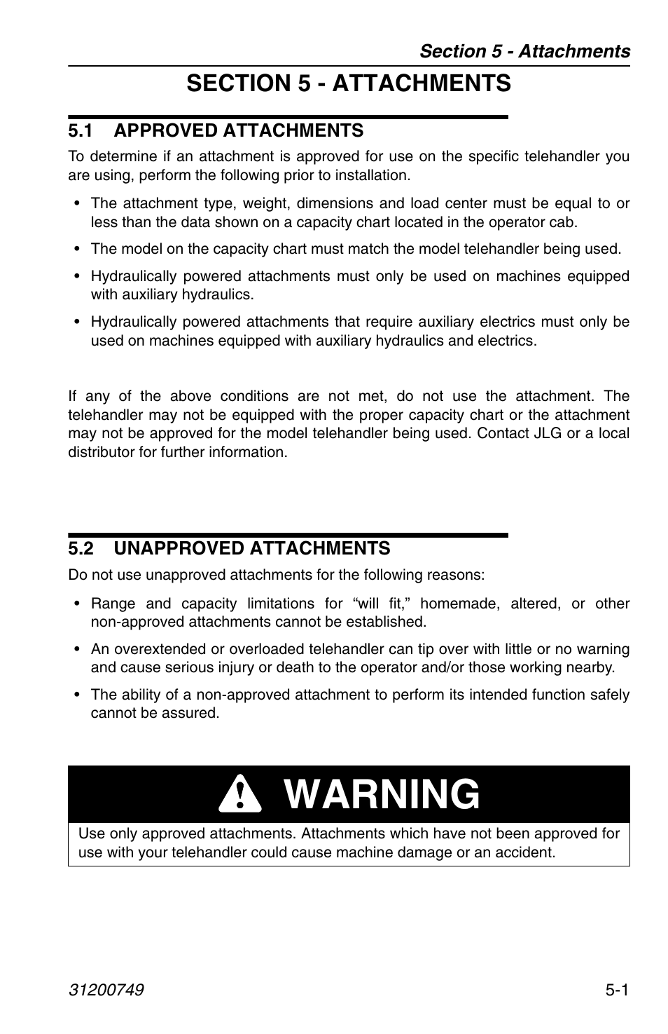 Section 5 - attachments, 1 approved attachments, 2 unapproved attachments | D section 5 - attachments, Warning | SkyTrak 6036 Operation Manual User Manual | Page 71 / 154