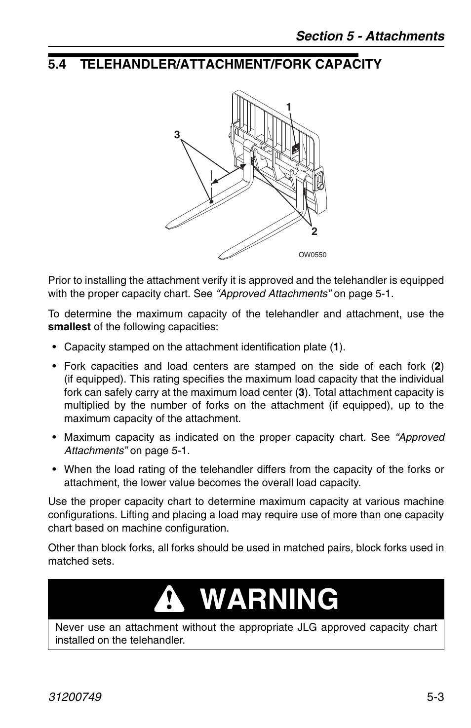 4 telehandler/attachment/fork capacity, 4 telehandler/attachment/fork capacity -3, Warning | SkyTrak 6036 Operation Manual User Manual | Page 73 / 154