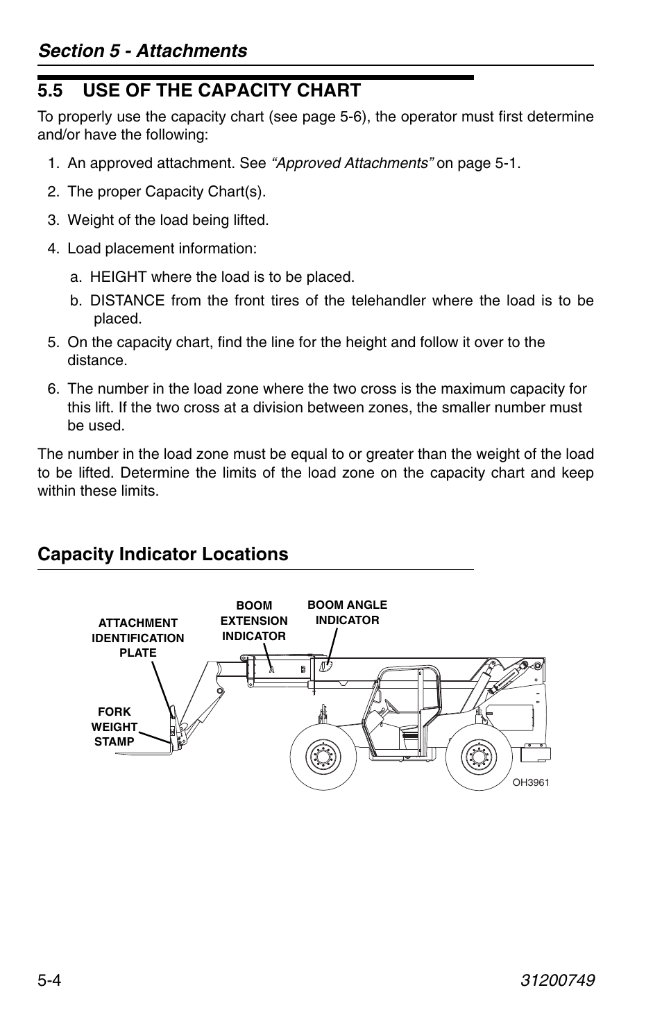 5 use of the capacity chart, Capacity indicator locations, 5 use of the capacity chart -4 | Capacity indicator locations -4 | SkyTrak 6036 Operation Manual User Manual | Page 74 / 154