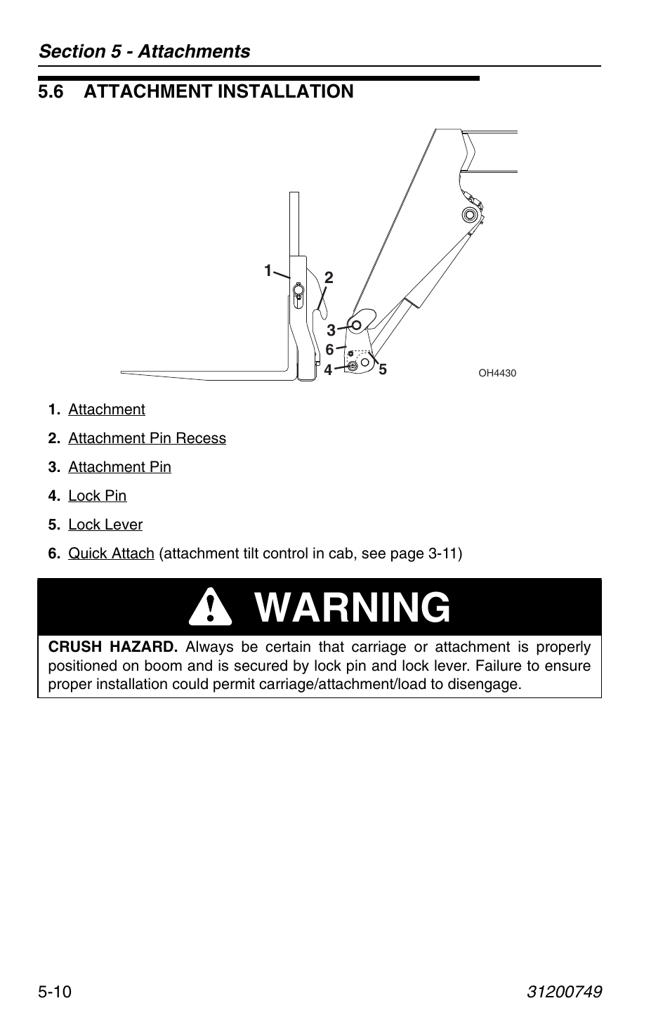 6 attachment installation, 6 attachment installation -10, Warning | SkyTrak 6036 Operation Manual User Manual | Page 80 / 154
