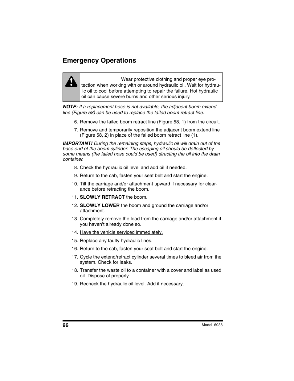 Warning, Emergency operations | SkyTrak 6036 Operation Manual User Manual | Page 102 / 180