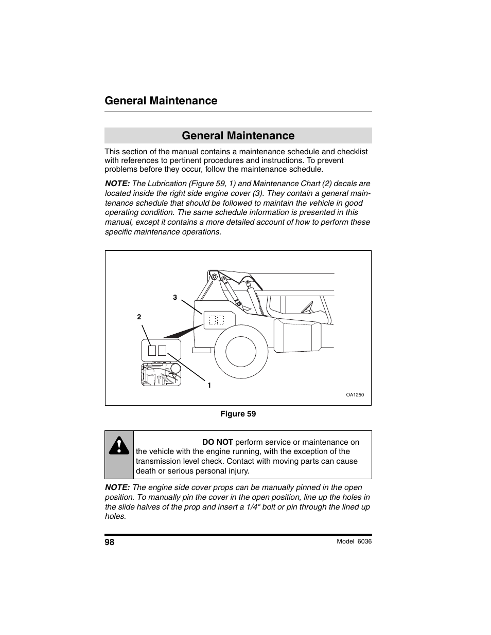 General maintenance, Warning | SkyTrak 6036 Operation Manual User Manual | Page 104 / 180