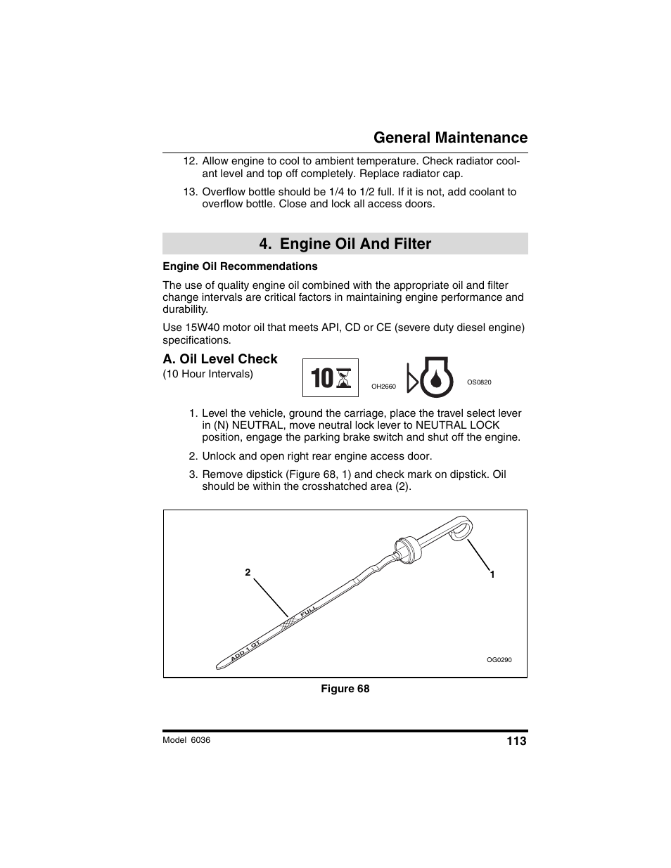 General maintenance, Engine oil and filter | SkyTrak 6036 Operation Manual User Manual | Page 119 / 180