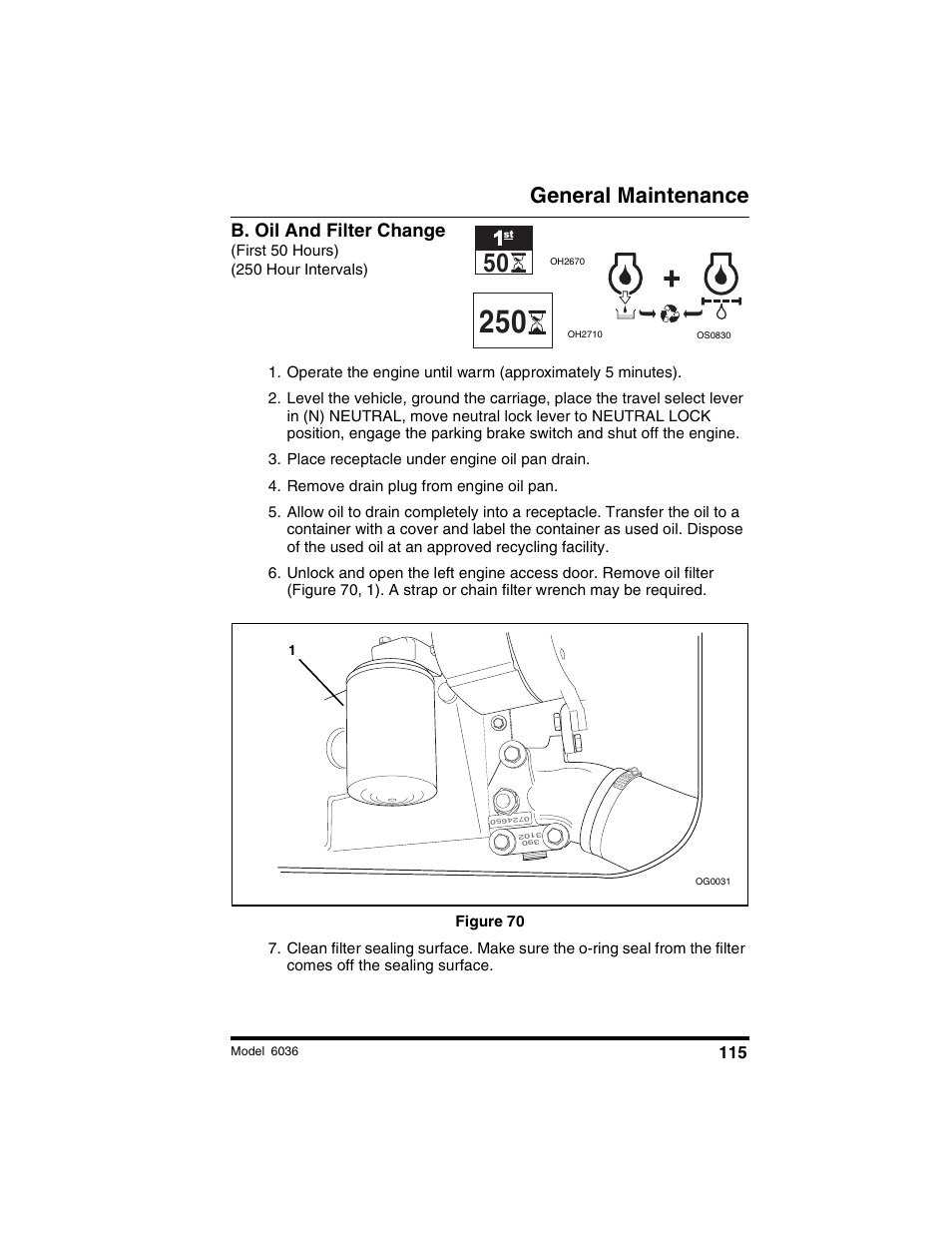 General maintenance, B. oil and filter change | SkyTrak 6036 Operation Manual User Manual | Page 121 / 180