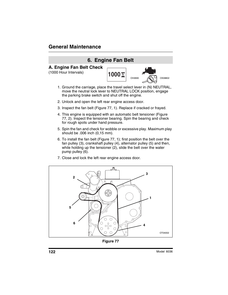 General maintenance, Engine fan belt | SkyTrak 6036 Operation Manual User Manual | Page 128 / 180