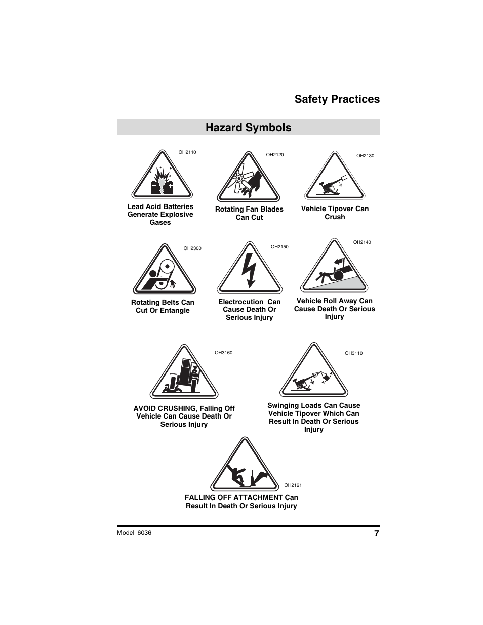 Safety practices, Hazard symbols | SkyTrak 6036 Operation Manual User Manual | Page 13 / 180
